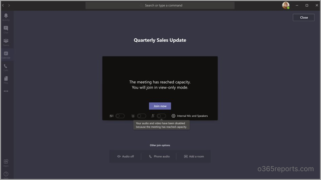 View Only Pre join Screen Office 365 Reports