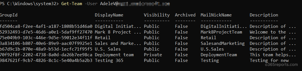 Shows the list of all teams a user belongs to in PowerShell