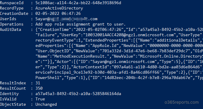 Shows an operation in audit logs Powershell