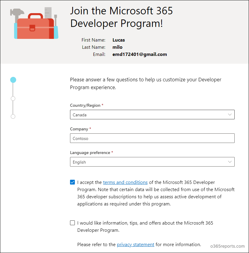 Microsoft Developer Program sign up page