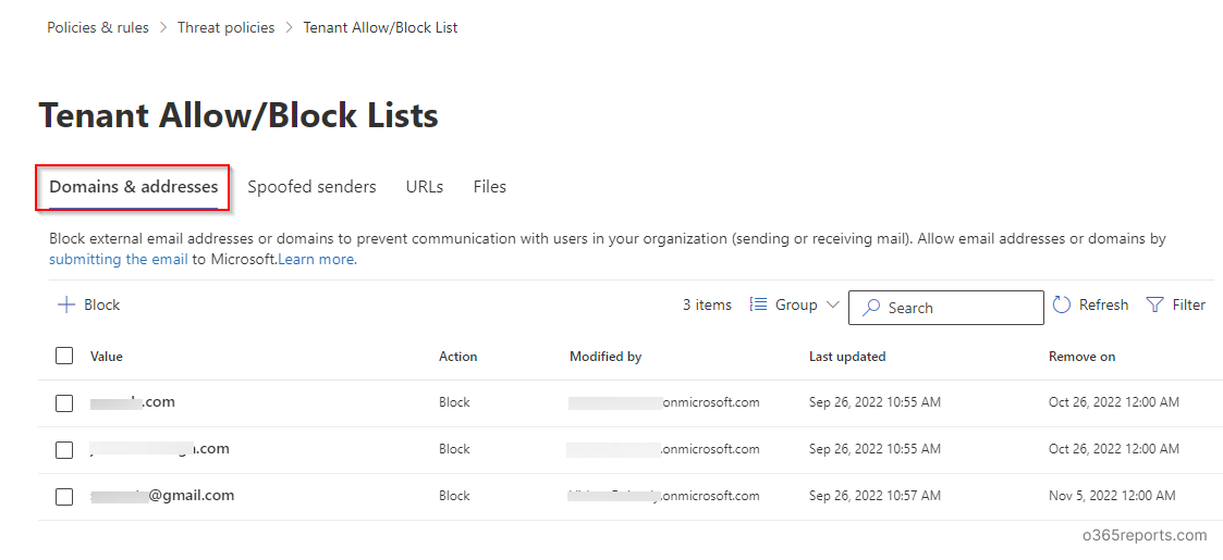 Tenant Allow/Block Domain list - Office 365 Reports