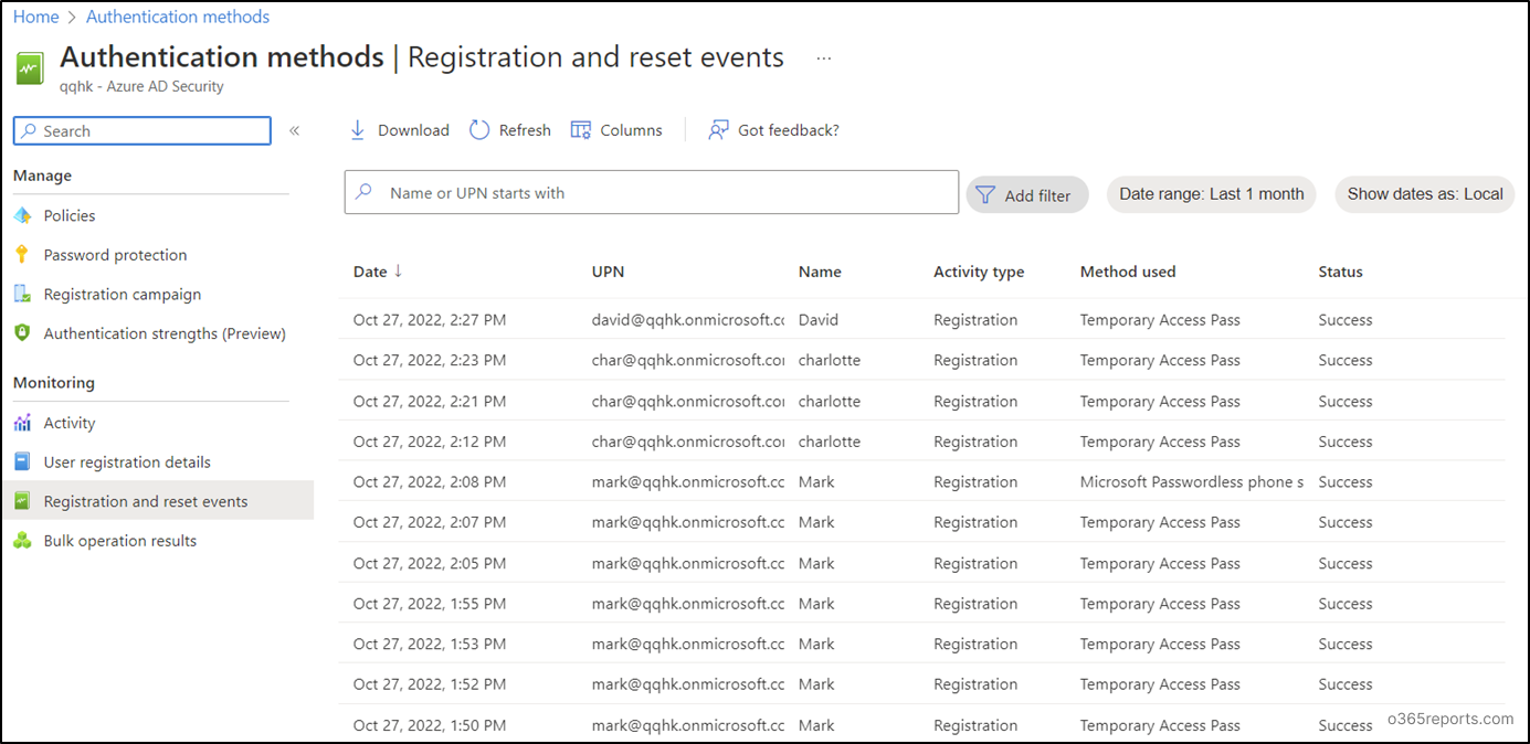 Registration and Reset Events Office 365 Reports