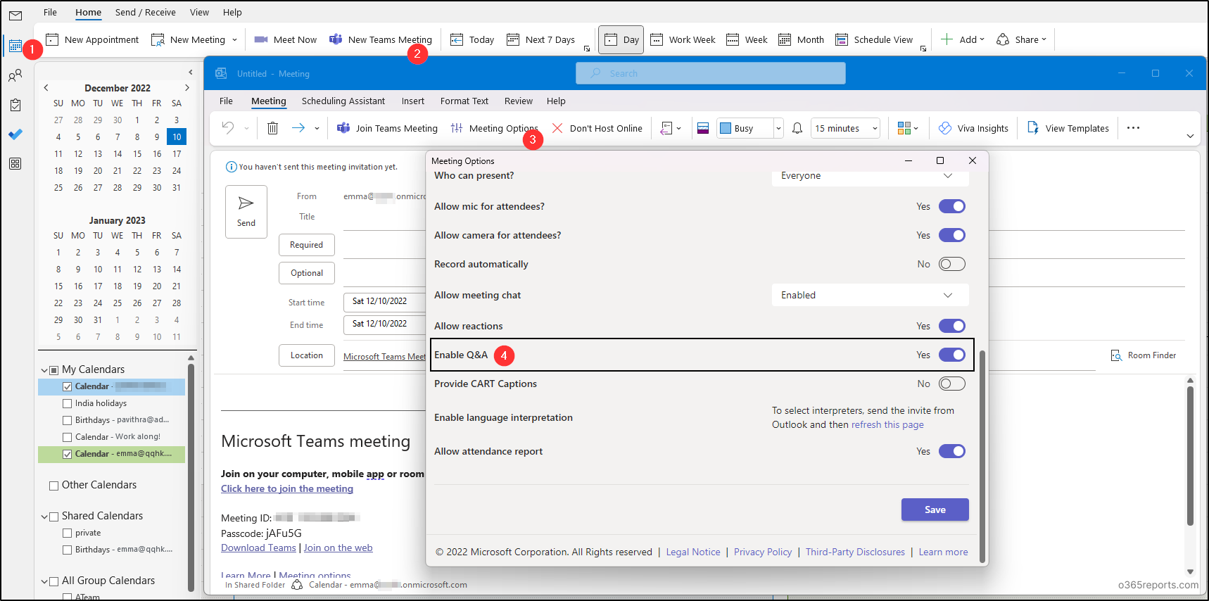 Meeting Options in Outlook Calendar Office 365 Reports
