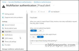MFA Fraud alerts page in Azure AD