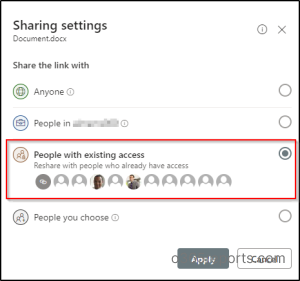 people with existing access sharing links in SharePoint