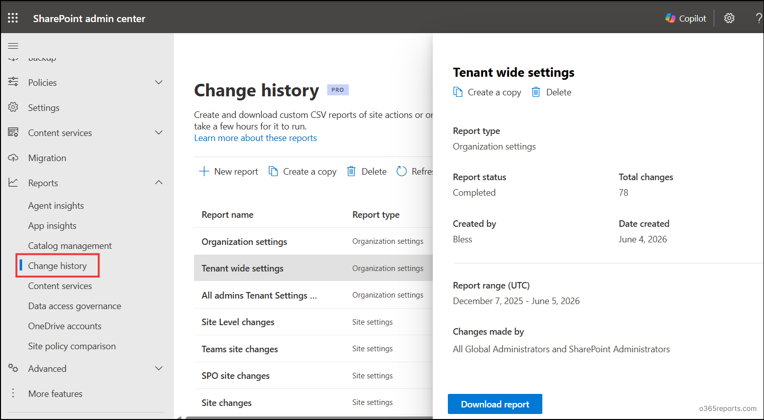 Change history reports in SharePoint admin center