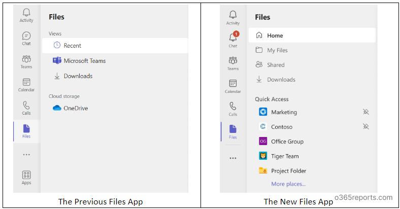 Previous files app vs new files app in Teams