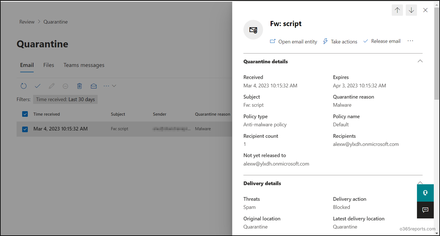Quarantine messages in detail Office 365 Reports