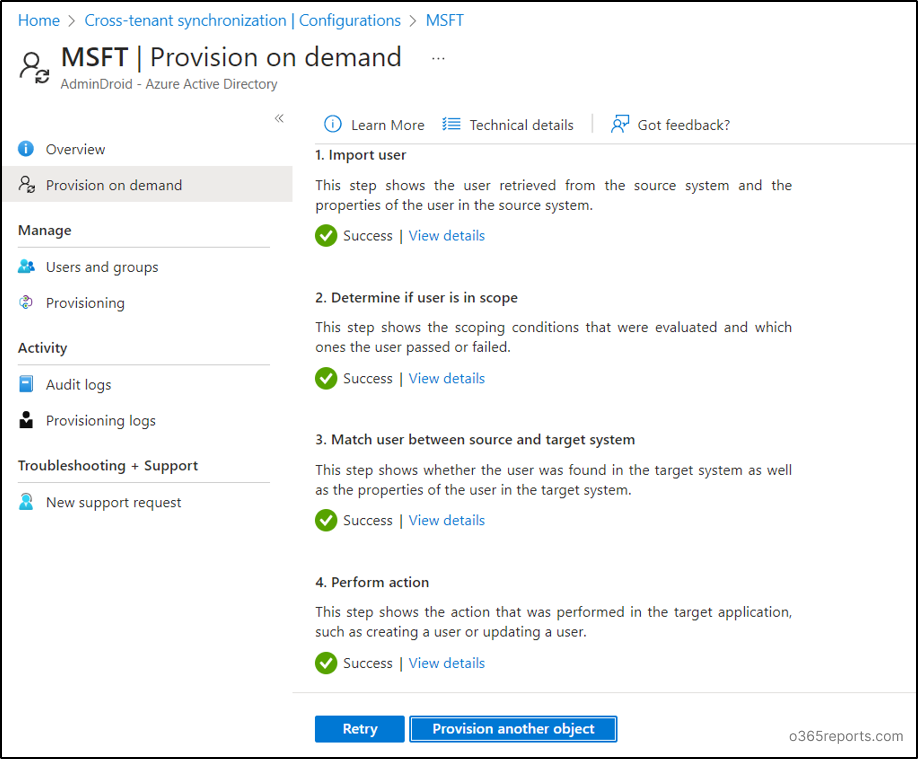 Provision on demand test Office 365 Reports
