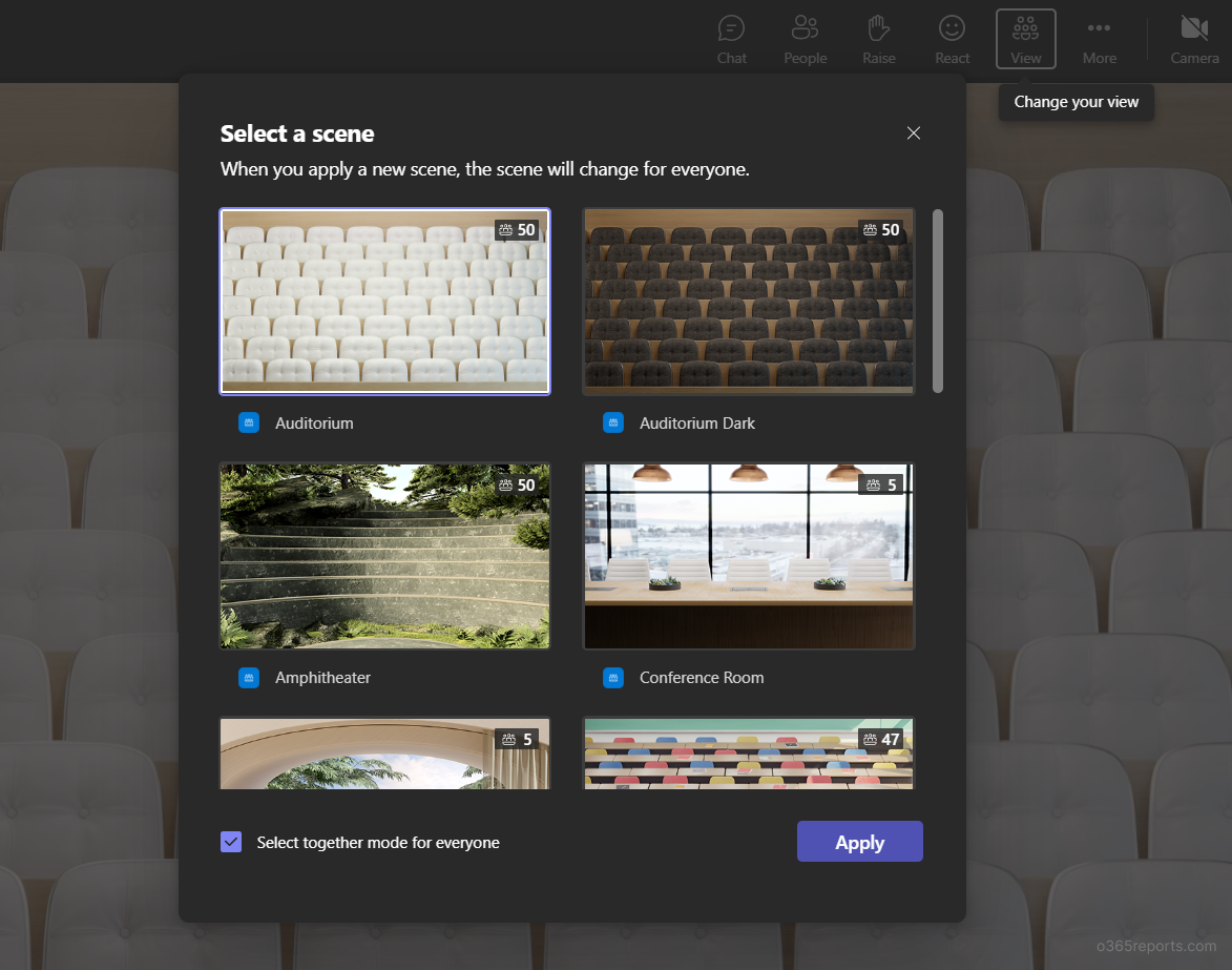 Together Mode in MS Teams Office 365 Reports