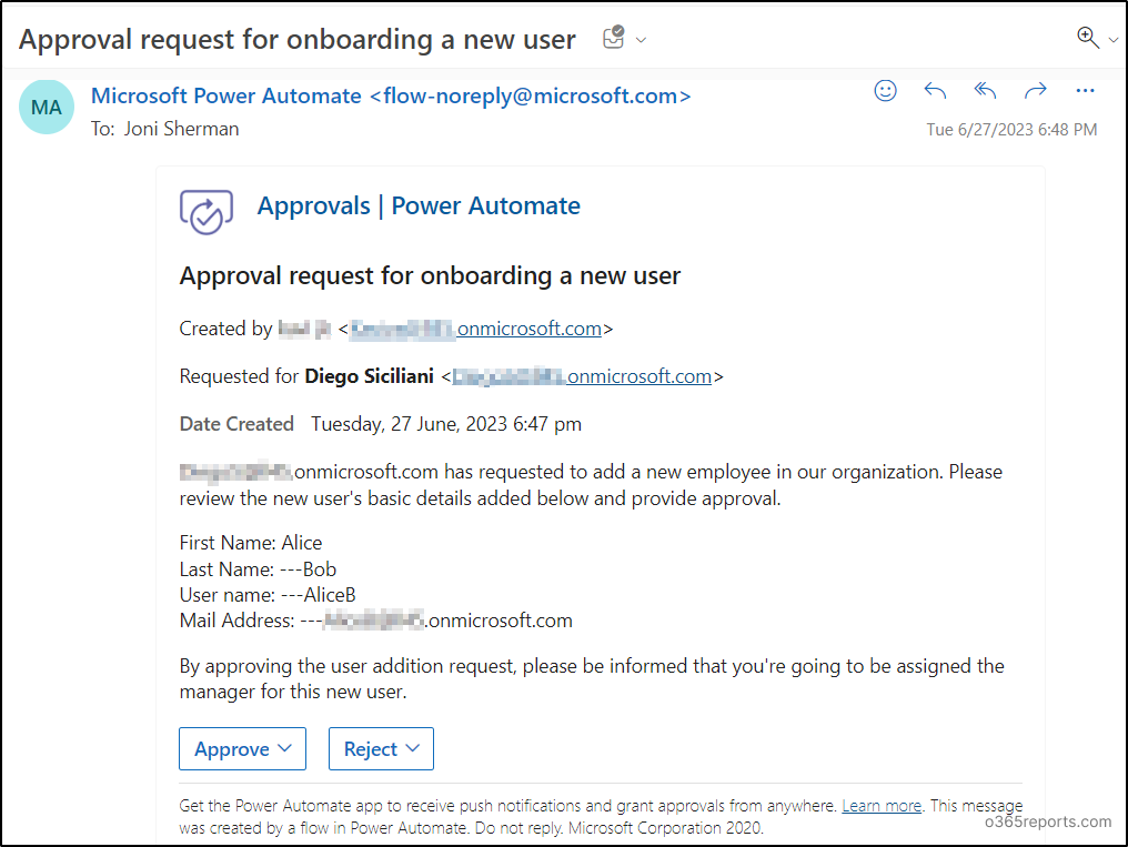 Approval request for user onboarding in Outlook