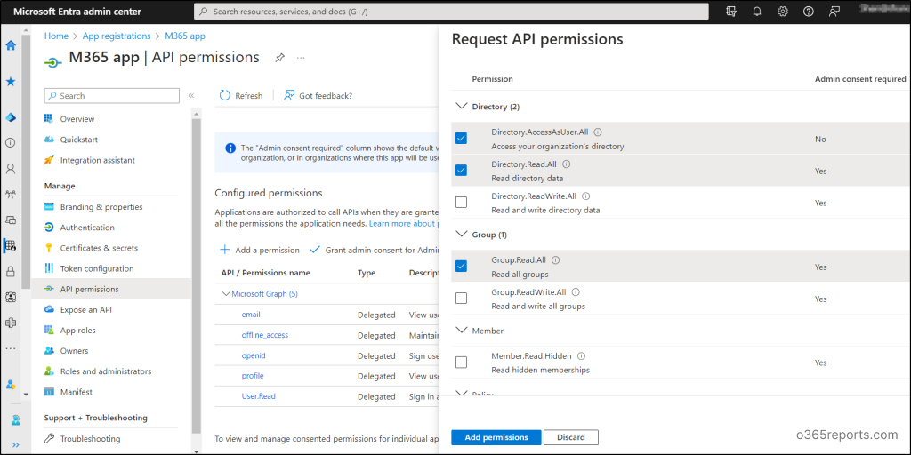 Delegated or application permissions