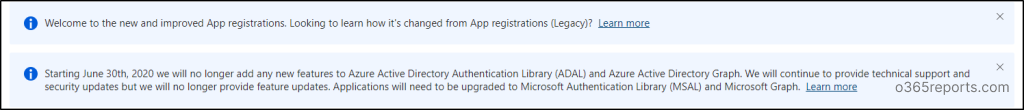 Message in Azure App registration page