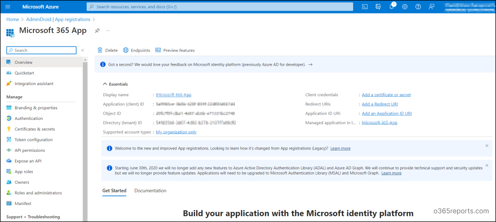 Overview page of Azure app registration