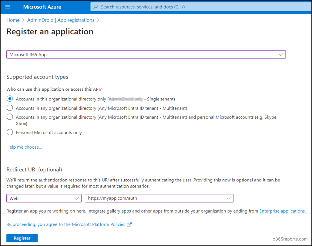 Azure AD application registration page