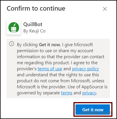 Confirm to continue page -Office add-ins