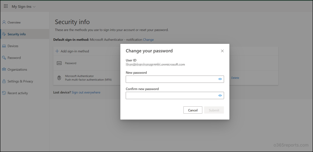 Change password in security info