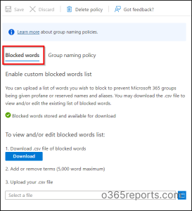 custom blocked words in group naming policy of Microsoft Entra ID