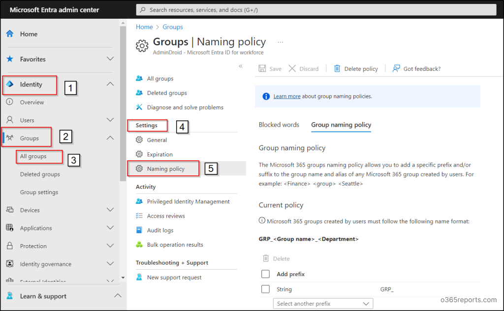 group naming policy in Microsoft Entra ID