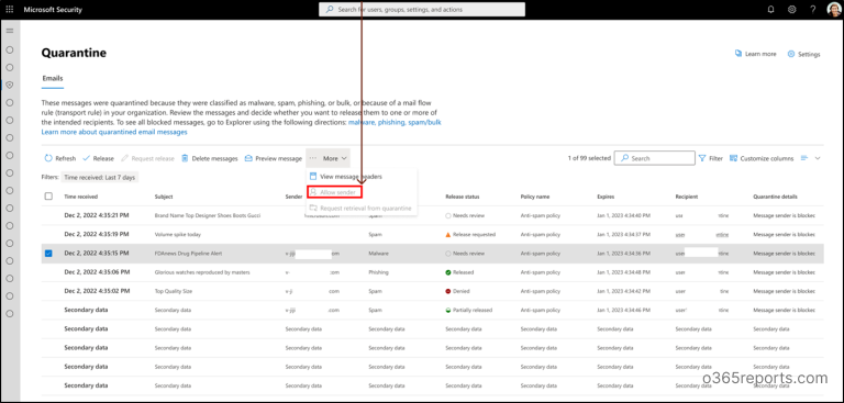 Quarantine End User Allow and Block List Management in M365