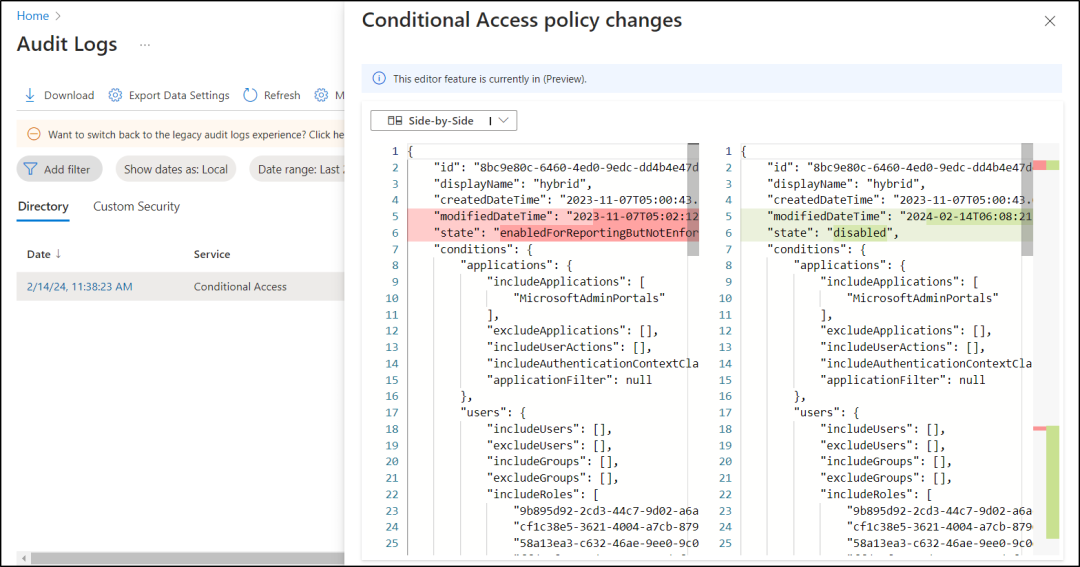 View Conditional Access Policy Changes with New Feature