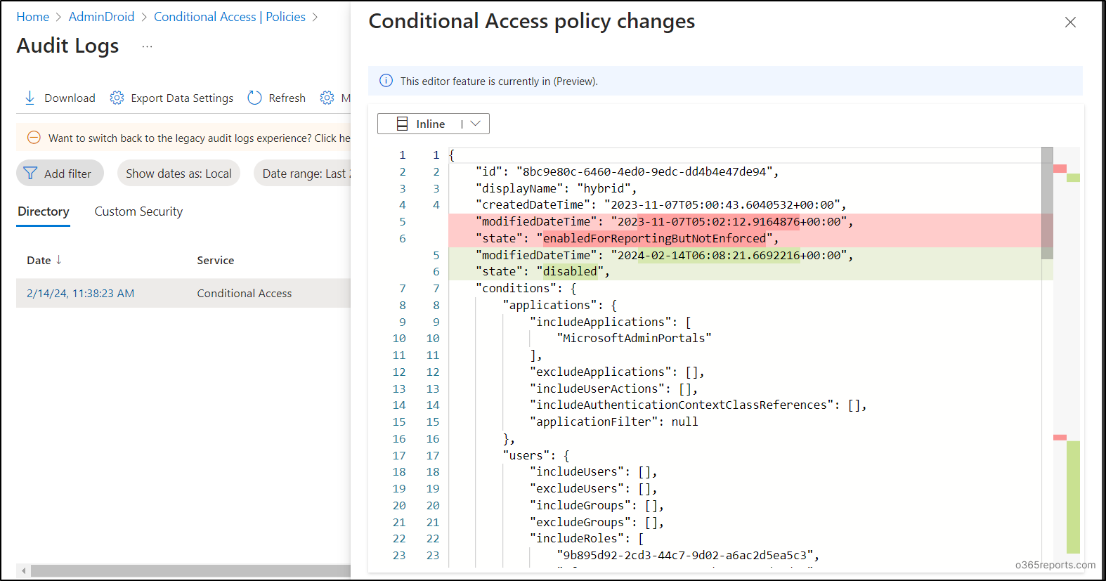 Inline view of Conditional Access policy changes