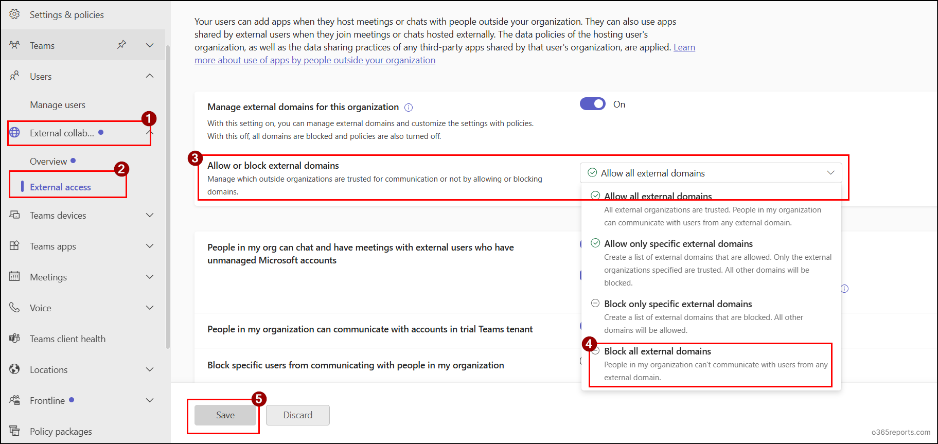 block external domains in external access settings