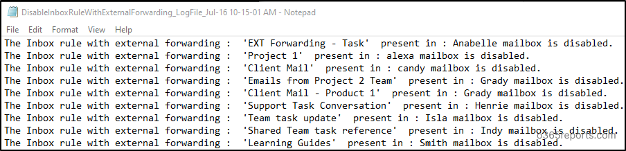 DisableInboxRuleWithExternalForwarding Log File