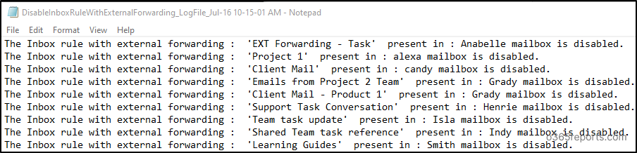 Disabled Inbox Rules with External Forwarding Log File
