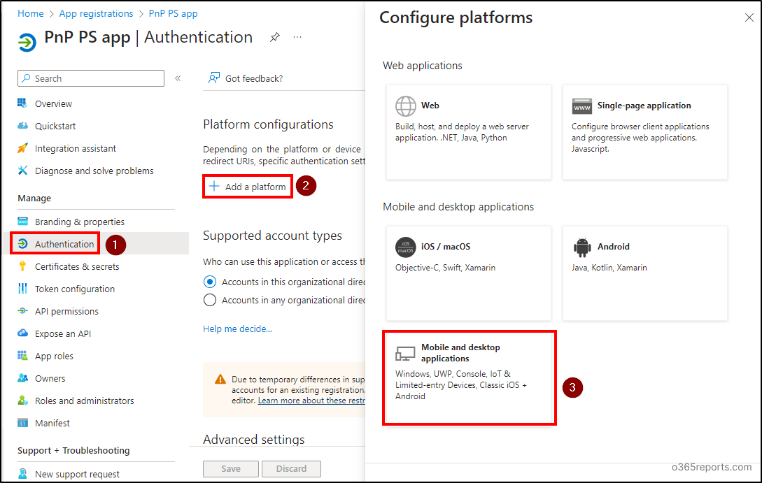 Configure platforms - Register an Entra ID Application