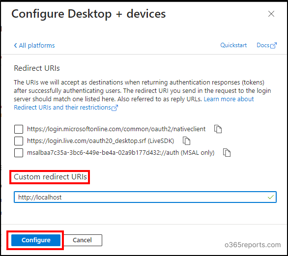 Enter custom redirect URIs - Entra ID app registration