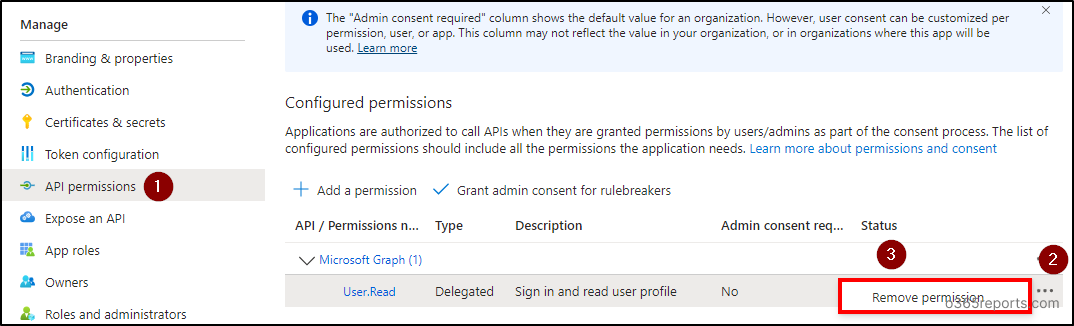 Remove MS Graph User Read API permissions