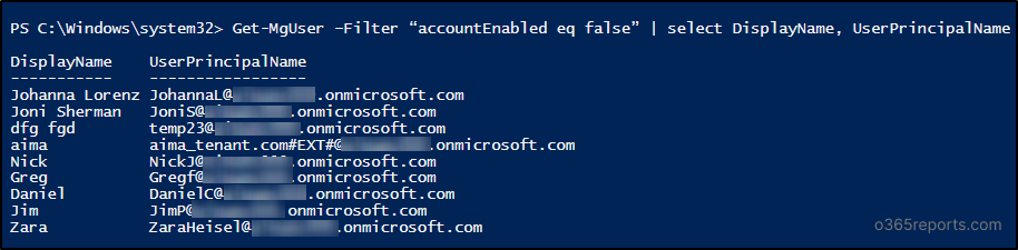 Sample Output - Microsoft 365 Disabled Users