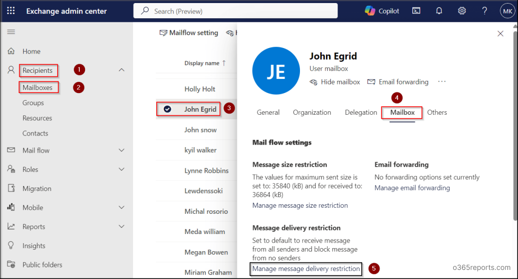 Exchange Instant Message Example Configure Message Delivery Restrictions in Exchange Online Mailboxes ...