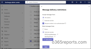 message delivery restriction in Exchange Online options