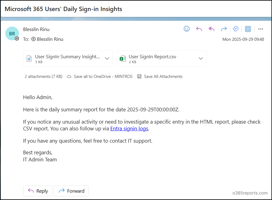 Daily Microsoft 365 User Sign-in Summary Sample Email