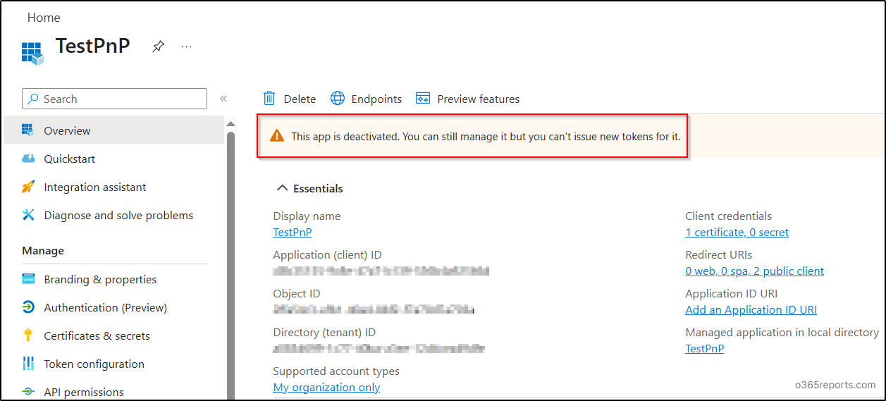 Verify app deactivation in Entra admin center