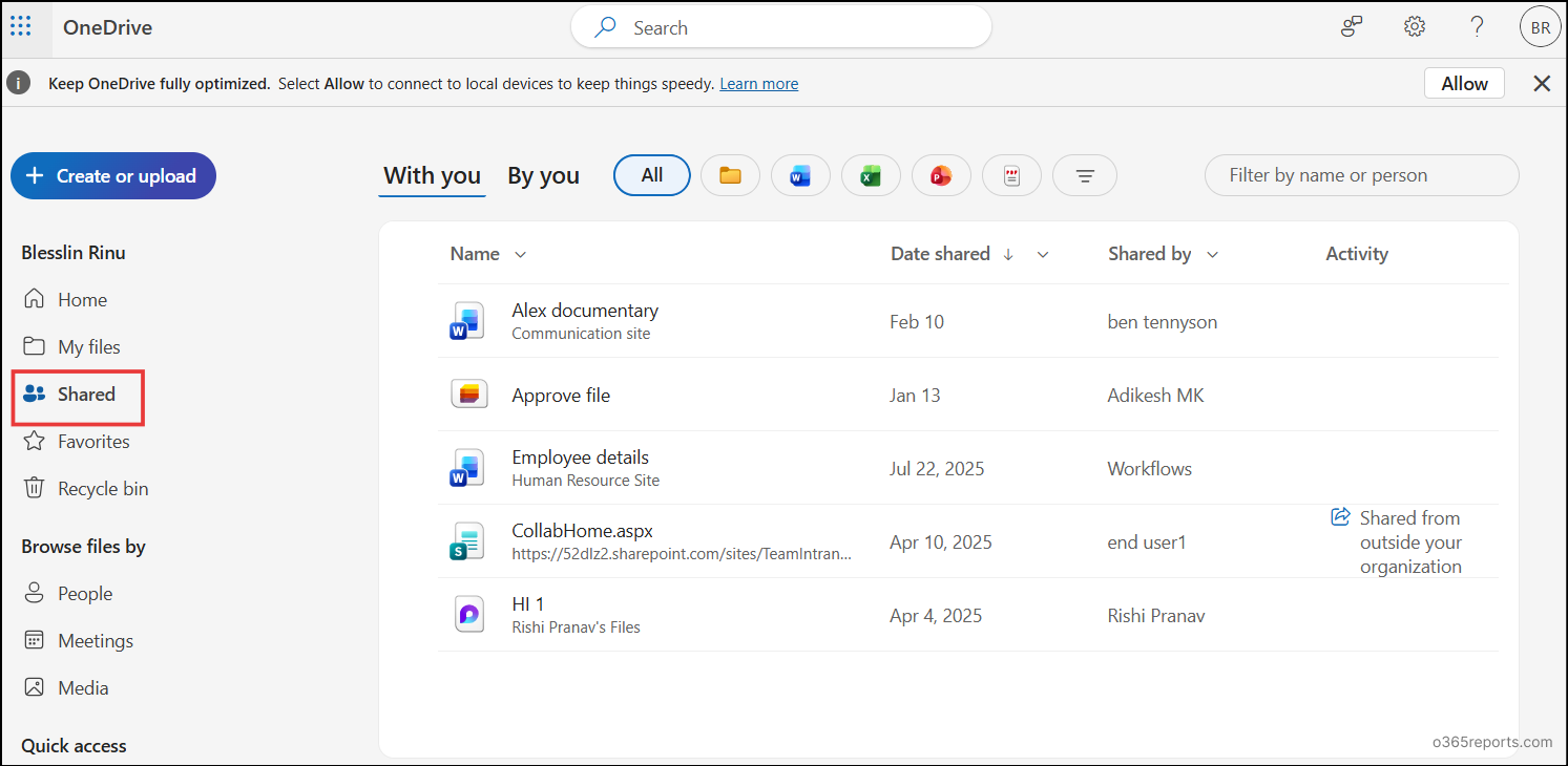 add shortcut to OneDrive adds shared files in a dedicated location