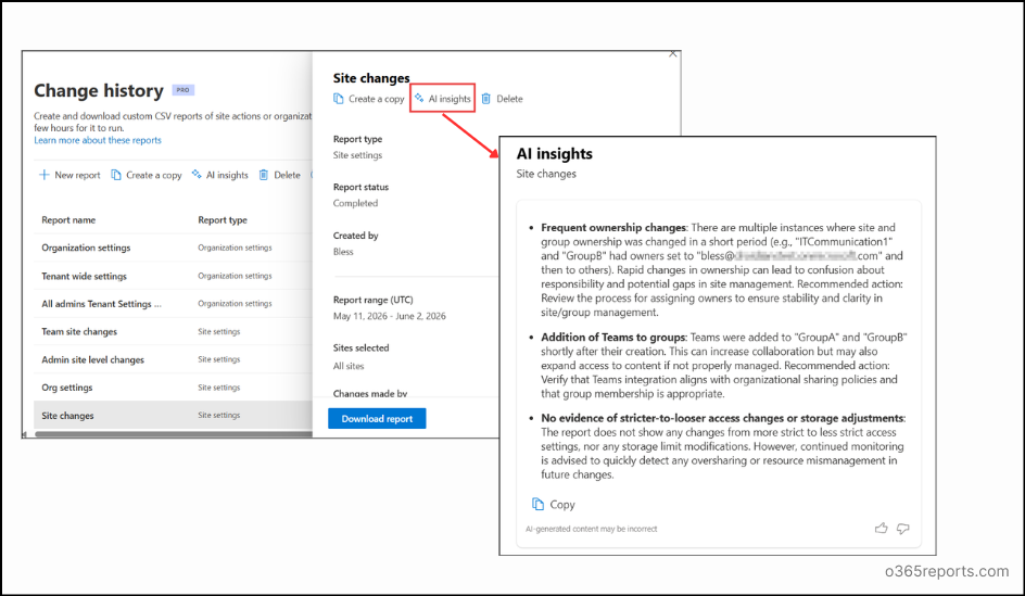 AI insights of a change history report
