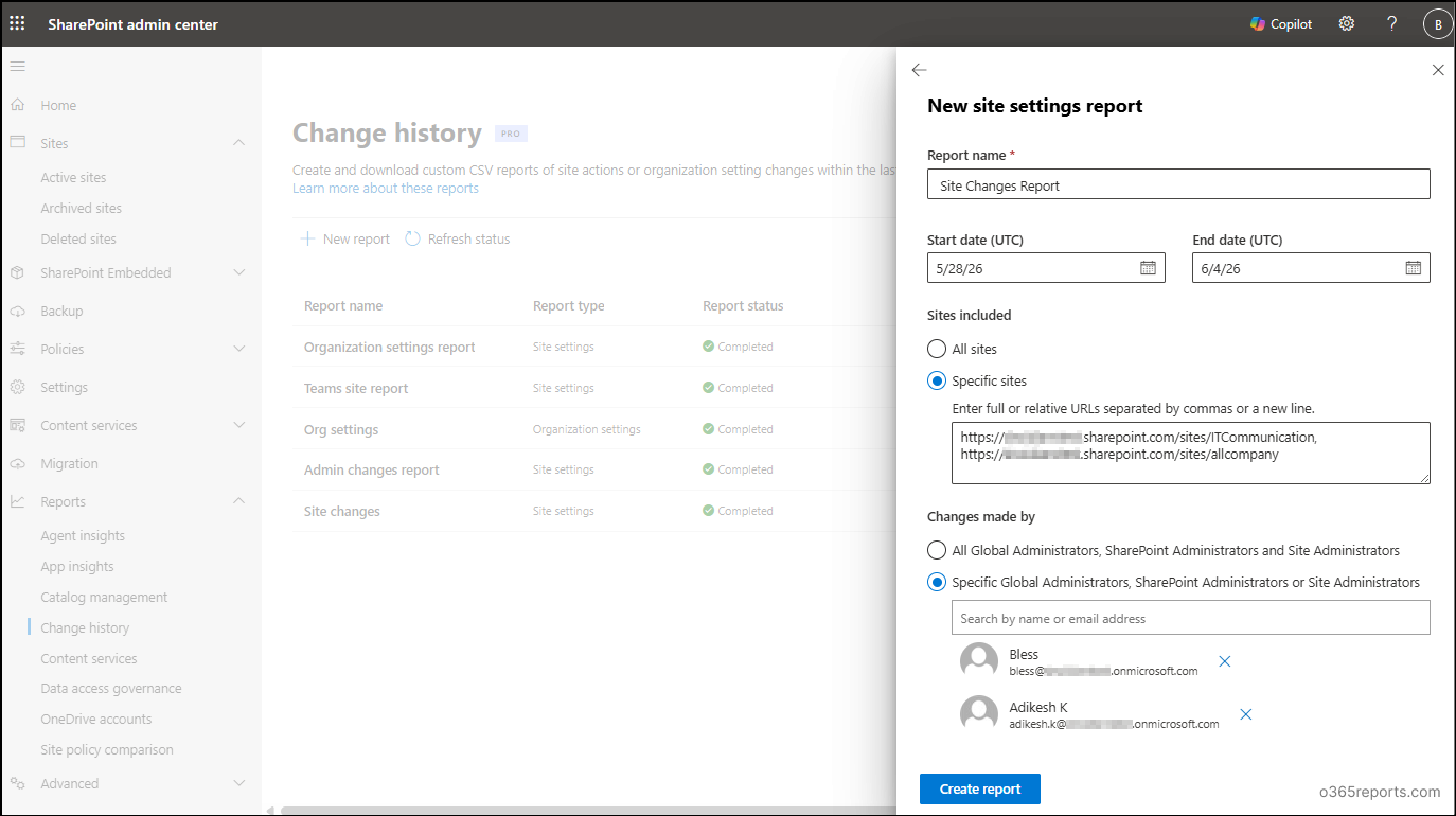 create a change history report in SharePoint admin center