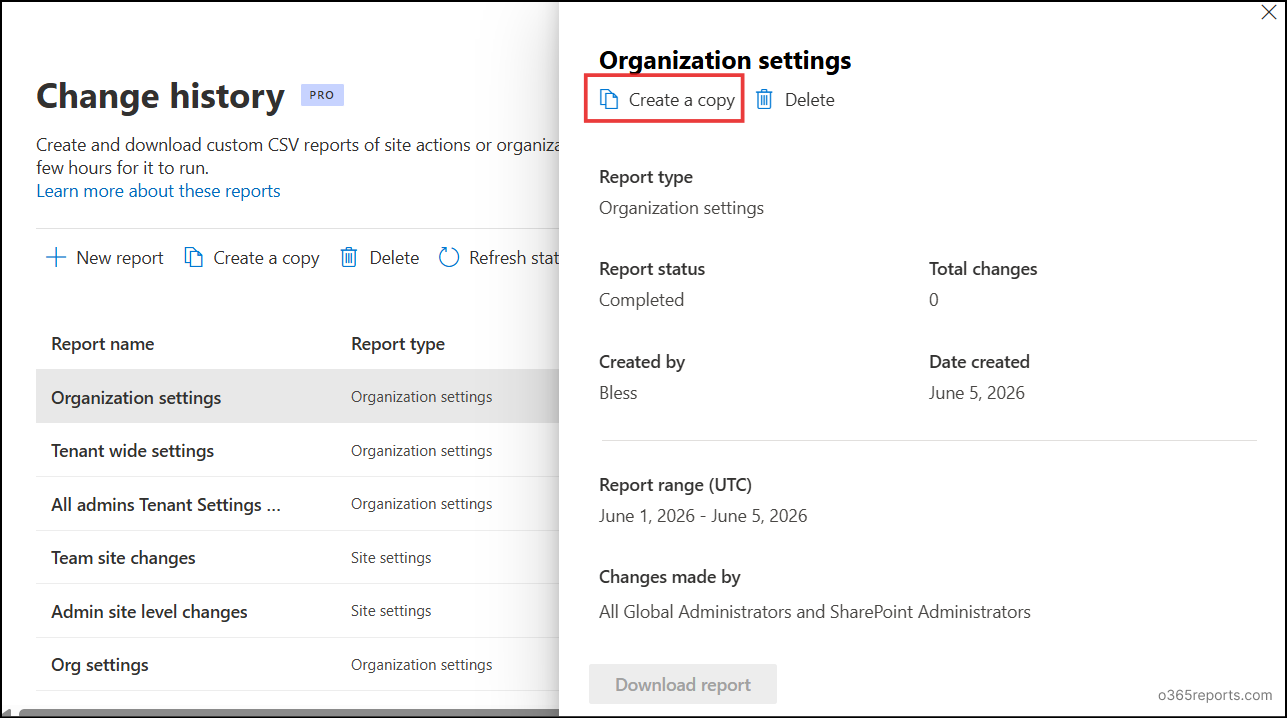 create a copy of the change history report