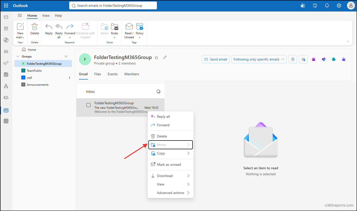 Block Move messages option in Microsoft 365 group mailboxes