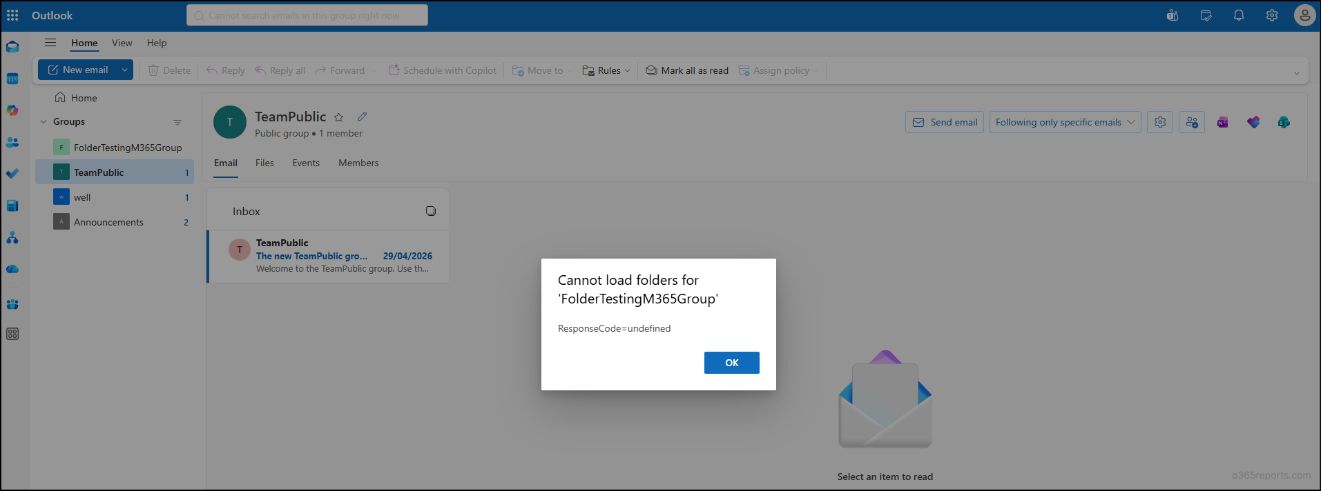 Cannot load folders for group error while managing folders and rules for Microsoft 365 groups in Outlook