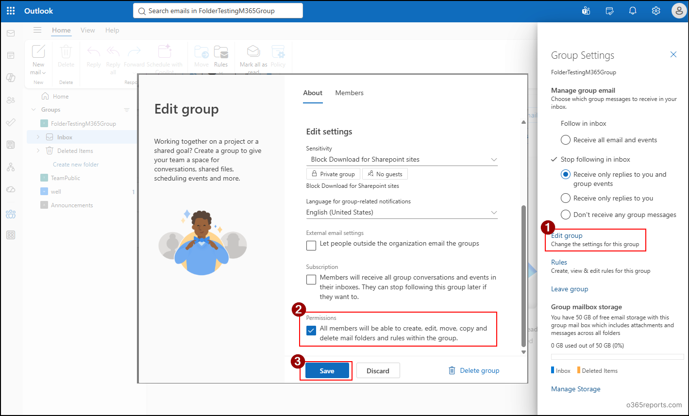 Enable member permissions to manage folder and rules for Microsoft 365 groups in Outlook