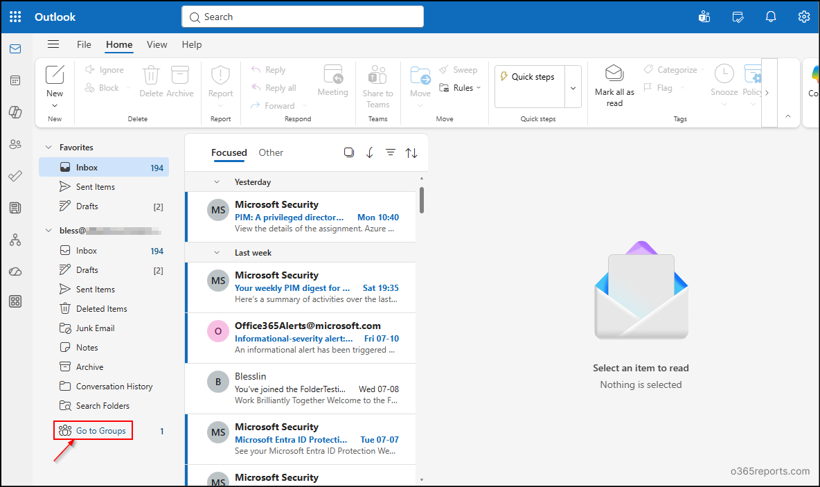 Go to groups option in Microsoft outlook