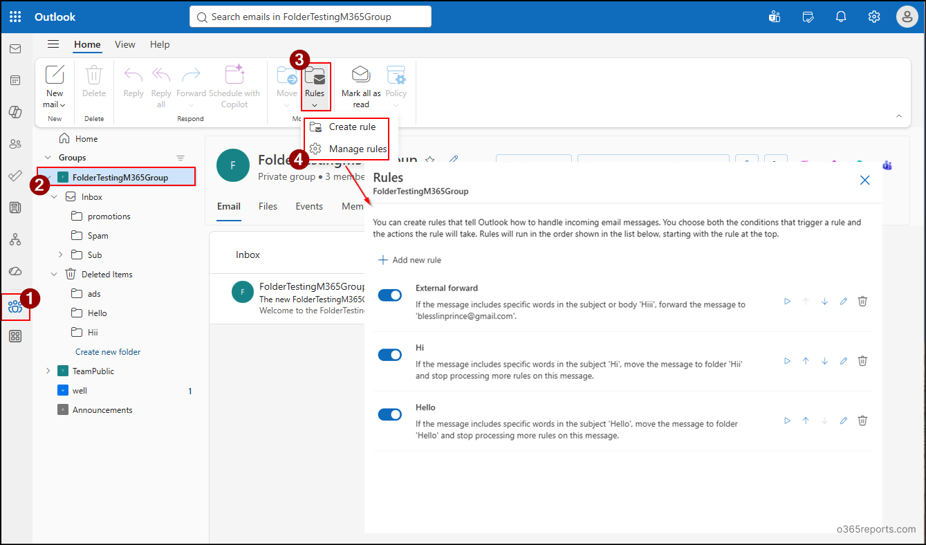 Manage inbox rules for Microsoft 365 groups in Outlook