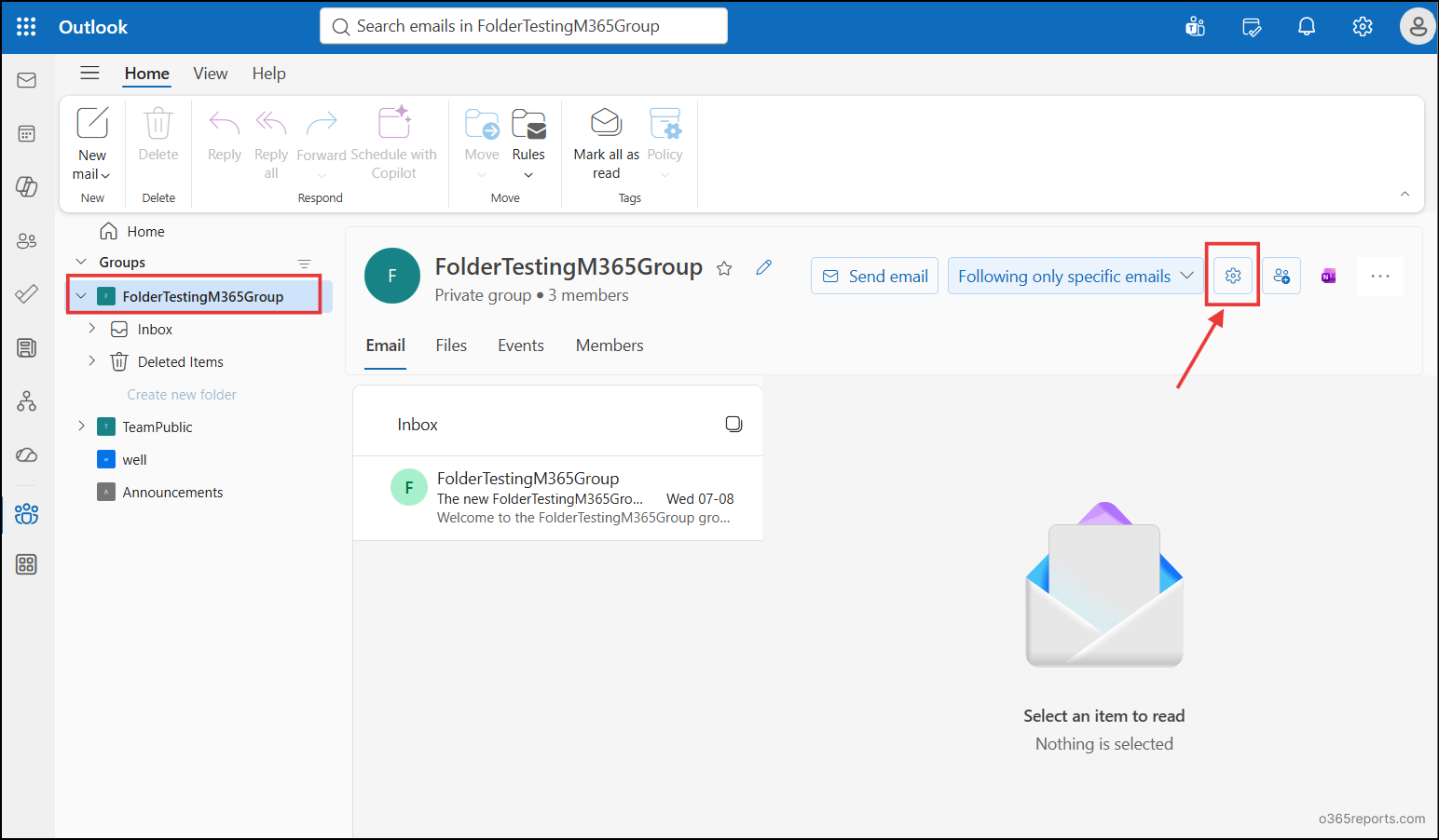Open group settings to manage folders and rules for Microsoft 365 groups in Outlook