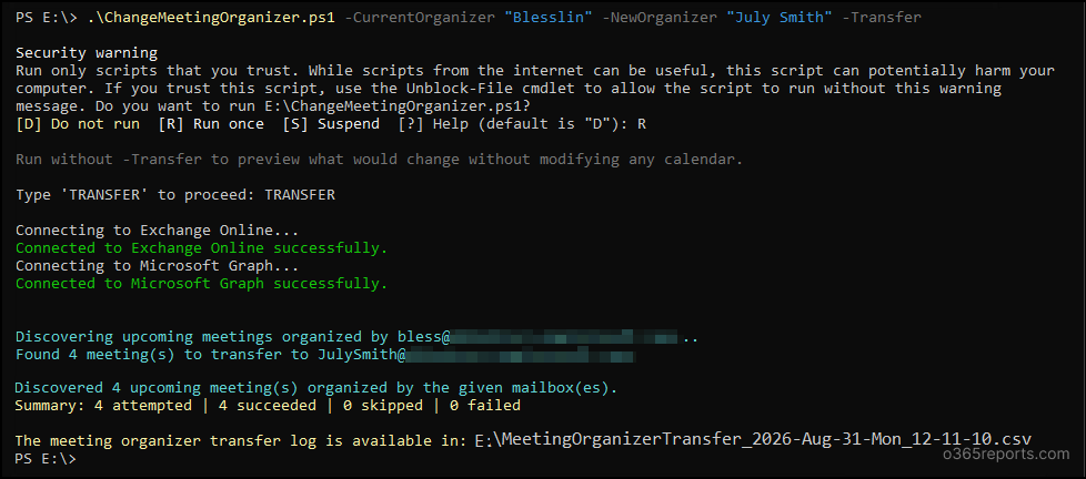 Change Meeting Organizer using PowerShell script