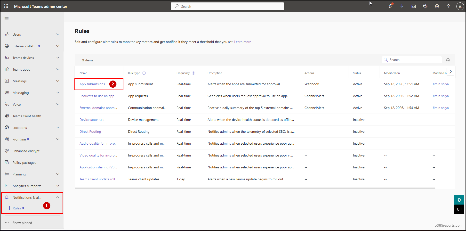 Create Alert Rules in the Teams Admin Center